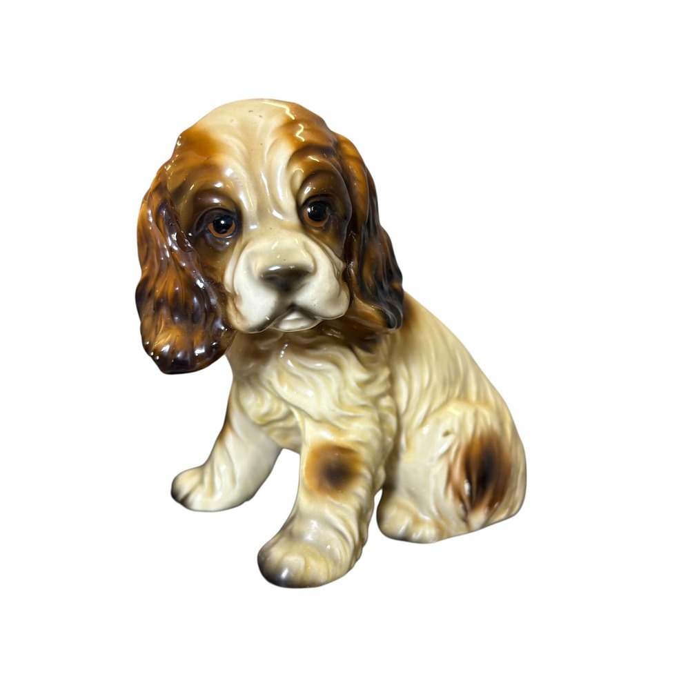 Vintage UCGC Japan Ceramic Spaniel Puppy Dog Figurine Brown Cream Glossy Glaze